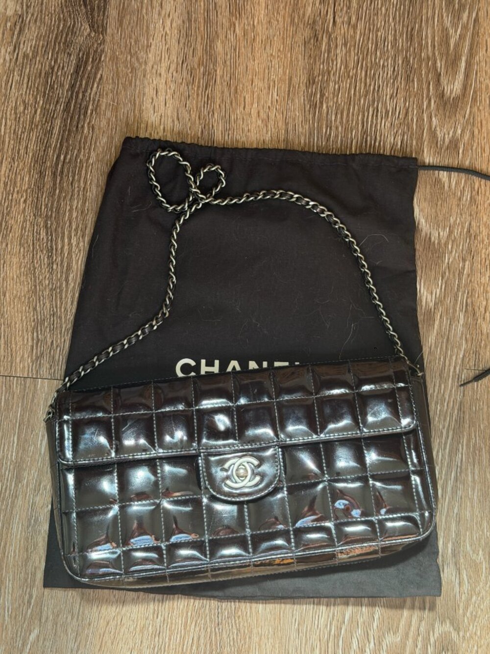 **Chanel Vintage Chocolate Bar Patent Leather Shoulder Bag – $1,600** - Picture 3 of 8